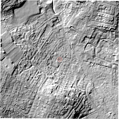 Shaded relief map of the ground around DE231HJ, computed from Environment Agency LiDAR. The ground here sits at about 55 m above sea level and falls 22 m across the surrounding 800 m. Surface water reaching this point runs off ground lying to the west, 8.1 m higher.