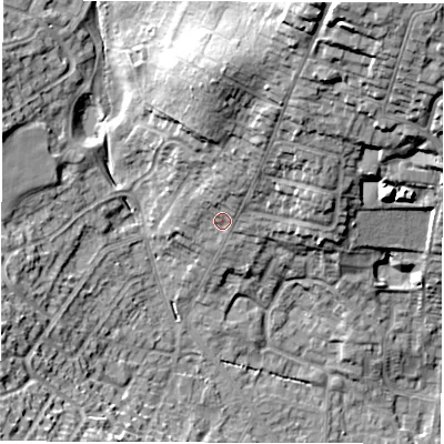 Shaded relief map of the ground around DE231JL, computed from Environment Agency LiDAR. The ground here sits at about 59 m above sea level and falls 28 m across the surrounding 800 m. Surface water reaching this point runs off ground lying to the north-north-east, 10.7 m higher.