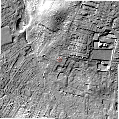 Shaded relief map of the ground around DE231JN, computed from Environment Agency LiDAR. The ground here sits at about 58 m above sea level and falls 27 m across the surrounding 800 m. Surface water reaching this point runs off ground lying to the north-east, 19.3 m higher.