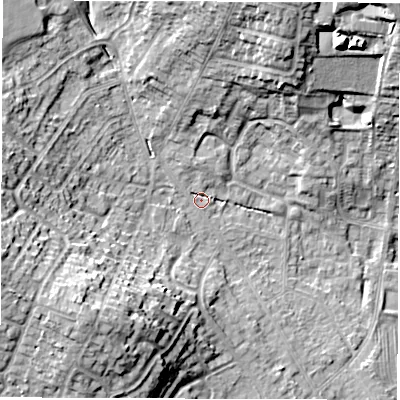 Shaded relief map of the ground around DE231JP, computed from Environment Agency LiDAR. The ground here sits at about 53 m above sea level and falls 19 m across the surrounding 800 m. Surface water reaching this point runs off ground lying to the west-south-west, 14.8 m higher.