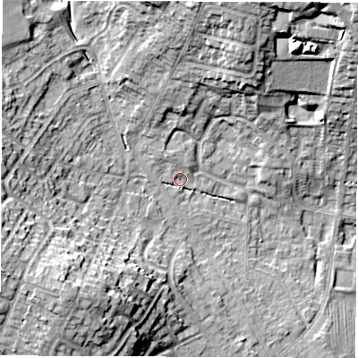 Shaded relief map of the ground around DE231RE, computed from Environment Agency LiDAR. The ground here sits at about 53 m above sea level and falls 20 m across the surrounding 800 m. Surface water reaching this point runs off ground lying to the north-north-east, 14.4 m higher.
