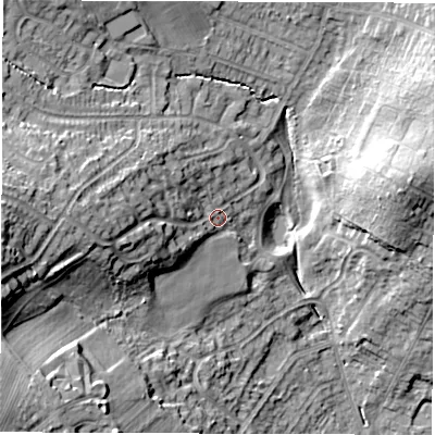 Shaded relief map of the ground around DE231TW, computed from Environment Agency LiDAR. The ground here sits at about 61 m above sea level and falls 24 m across the surrounding 800 m. Surface water reaching this point runs off ground lying to the west, 10.6 m higher.