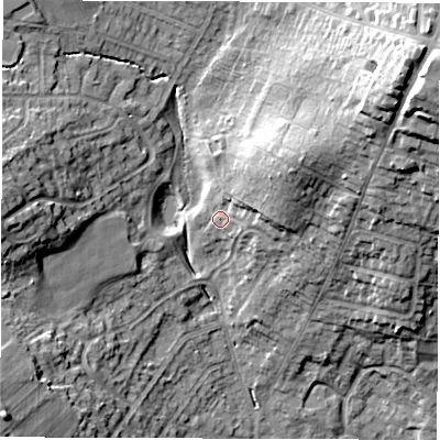 Shaded relief map of the ground around DE231WB, computed from Environment Agency LiDAR. The ground here sits at about 59 m above sea level and falls 26 m across the surrounding 800 m. Surface water reaching this point runs off ground lying to the north-east, 12.4 m higher.