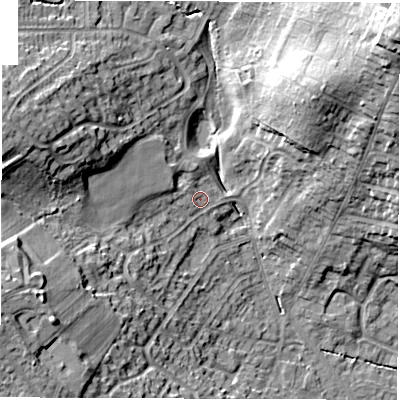 Shaded relief map of the ground around DE231WN, computed from Environment Agency LiDAR. The ground here sits at about 58 m above sea level and falls 26 m across the surrounding 800 m. Surface water reaching this point runs off ground lying to the west-south-west, 17.8 m higher.