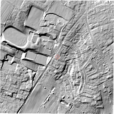 Shaded relief map of the ground around DE232FP, computed from Environment Agency LiDAR. The ground here sits at about 73 m above sea level and falls 32 m across the surrounding 800 m. Surface water reaching this point runs off ground lying to the north-north-east, 12.0 m higher.