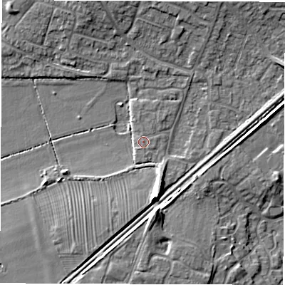 Shaded relief map of the ground around DE232FU, computed from Environment Agency LiDAR. The ground here sits at about 50 m above sea level and falls 9 m across the surrounding 800 m. Surface water reaching this point runs off ground lying to the south, 0.7 m higher.