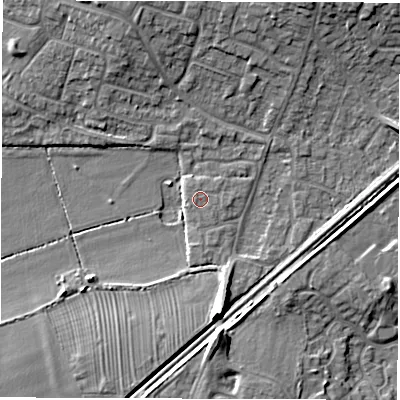 Shaded relief map of the ground around DE232JT, computed from Environment Agency LiDAR. The ground here sits at about 50 m above sea level and falls 9 m across the surrounding 800 m. The ground contributing surface water to this point lies to the west-south-west.