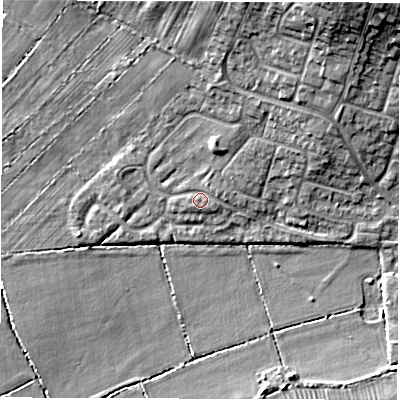 Shaded relief map of the ground around DE232PP, computed from Environment Agency LiDAR. The ground here sits at about 51 m above sea level and falls 14 m across the surrounding 800 m. Surface water reaching this point runs off ground lying to the north-east, 0.9 m higher.