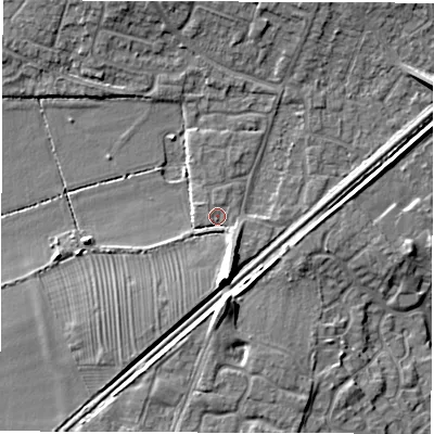 Shaded relief map of the ground around DE232UB, computed from Environment Agency LiDAR. The ground here sits at about 50 m above sea level and falls 10 m across the surrounding 800 m. Surface water reaching this point runs off ground lying to the south-south-west, 1.1 m higher.