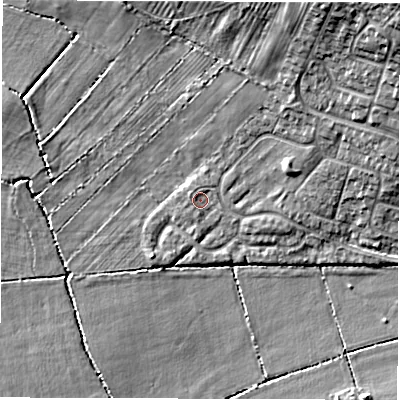 Shaded relief map of the ground around DE232YS, computed from Environment Agency LiDAR. The ground here sits at about 50 m above sea level and falls 15 m across the surrounding 800 m. Surface water reaching this point runs off ground lying to the north-north-west, 0.7 m higher.