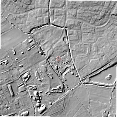 Shaded relief map of the ground around DE233AD, computed from Environment Agency LiDAR. The ground here sits at about 54 m above sea level and falls 13 m across the surrounding 800 m. Surface water reaching this point runs off ground lying to the west, 10.4 m higher.