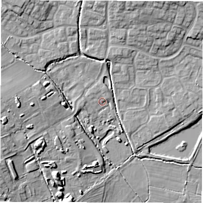 Shaded relief map of the ground around DE233AE, computed from Environment Agency LiDAR. The ground here sits at about 55 m above sea level and falls 12 m across the surrounding 800 m. Surface water reaching this point runs off ground lying to the north-north-east, 2.1 m higher.