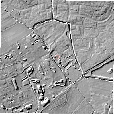 Shaded relief map of the ground around DE233AS, computed from Environment Agency LiDAR. The ground here sits at about 55 m above sea level and falls 13 m across the surrounding 800 m. Surface water reaching this point runs off ground lying to the north-west, 2.1 m higher.