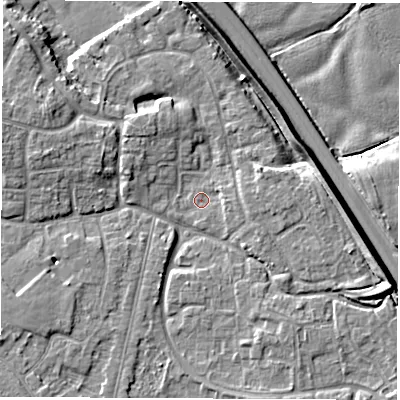 Shaded relief map of the ground around DE240DR, computed from Environment Agency LiDAR. The ground here sits at about 41 m above sea level and falls 8 m across the surrounding 800 m. Surface water reaching this point runs off ground lying to the east-south-east, 5.8 m higher.