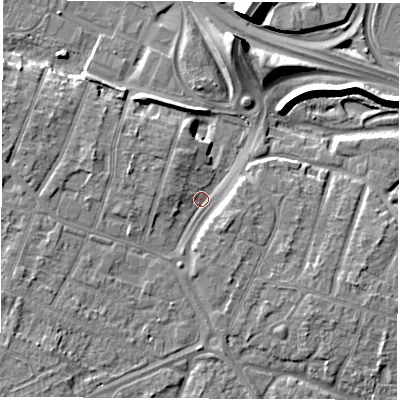 Shaded relief map of the ground around DE240DW, computed from Environment Agency LiDAR. The ground here sits at about 42 m above sea level and falls 12 m across the surrounding 800 m. Surface water reaching this point runs off ground lying to the west-north-west, 3.6 m higher.