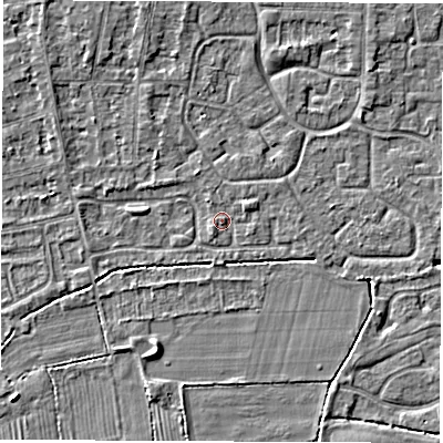 Shaded relief map of the ground around DE240HG, computed from Environment Agency LiDAR. The ground here sits at about 42 m above sea level and falls 5 m across the surrounding 800 m. Surface water reaching this point runs off ground lying to the north-west, 2.7 m higher.