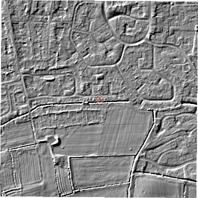 Shaded relief map of the ground around DE240HJ, computed from Environment Agency LiDAR. The ground here sits at about 42 m above sea level and falls 5 m across the surrounding 800 m. Surface water reaching this point runs off ground lying to the north-west, 2.4 m higher.