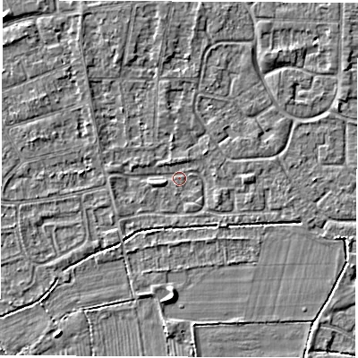 Shaded relief map of the ground around DE240JD, computed from Environment Agency LiDAR. The ground here sits at about 42 m above sea level and falls 5 m across the surrounding 800 m. Surface water reaching this point runs off ground lying to the north-north-west, 2.7 m higher.