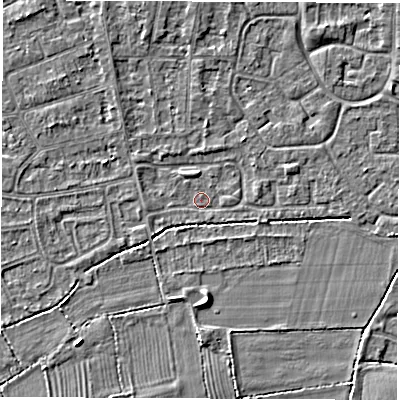 Shaded relief map of the ground around DE240JE, computed from Environment Agency LiDAR. The ground here sits at about 42 m above sea level and falls 4 m across the surrounding 800 m. Surface water reaching this point runs off ground lying to the south-west, 1.8 m higher.