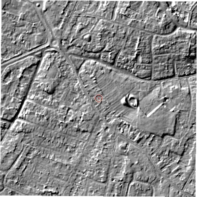 Shaded relief map of the ground around DE240JP, computed from Environment Agency LiDAR. The ground here sits at about 43 m above sea level and falls 6 m across the surrounding 800 m. Surface water reaching this point runs off ground lying to the west-south-west, 2.1 m higher.