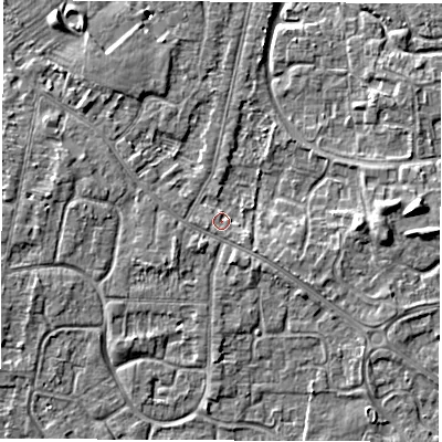Shaded relief map of the ground around DE240JT, computed from Environment Agency LiDAR. The ground here sits at about 42 m above sea level and falls 6 m across the surrounding 800 m. Surface water reaching this point runs off ground lying to the south-east, 1.3 m higher.