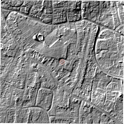 Shaded relief map of the ground around DE240JU, computed from Environment Agency LiDAR. The ground here sits at about 42 m above sea level and falls 5 m across the surrounding 800 m. Surface water reaching this point runs off ground lying to the west, 1.9 m higher.