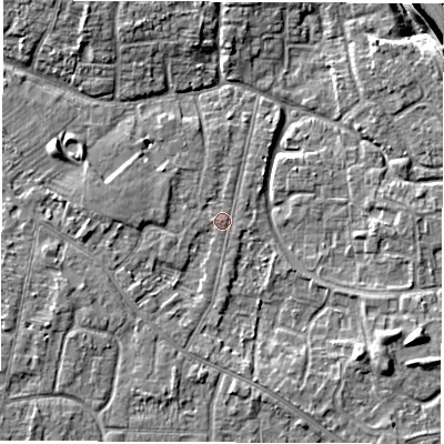 Shaded relief map of the ground around DE240LN, computed from Environment Agency LiDAR. The ground here sits at about 42 m above sea level and falls 7 m across the surrounding 800 m. Surface water reaching this point runs off ground lying to the west-south-west, 2.5 m higher.
