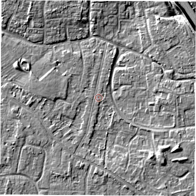 Shaded relief map of the ground around DE240LP, computed from Environment Agency LiDAR. The ground here sits at about 42 m above sea level and falls 7 m across the surrounding 800 m. Surface water reaching this point runs off ground lying to the west-south-west, 2.5 m higher.