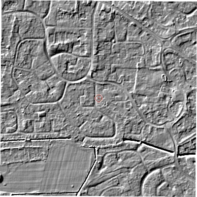 Shaded relief map of the ground around DE240LY, computed from Environment Agency LiDAR. The ground here sits at about 42 m above sea level and falls 5 m across the surrounding 800 m. Surface water reaching this point runs off ground lying to the south-west, 3.3 m higher.