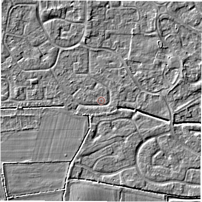 Shaded relief map of the ground around DE240LZ, computed from Environment Agency LiDAR. The ground here sits at about 42 m above sea level and falls 4 m across the surrounding 800 m. Surface water reaching this point runs off ground lying to the west-south-west, 2.8 m higher.