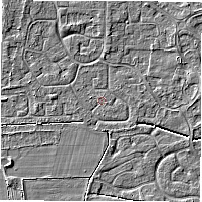 Shaded relief map of the ground around DE240ND, computed from Environment Agency LiDAR. The ground here sits at about 42 m above sea level and falls 5 m across the surrounding 800 m. Surface water reaching this point runs off ground lying to the south-west, 3.3 m higher.