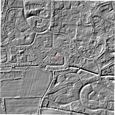 Shaded relief map of the ground around DE240NE, computed from Environment Agency LiDAR. The ground here sits at about 42 m above sea level and falls 5 m across the surrounding 800 m. Surface water reaching this point runs off ground lying to the south-west, 2.8 m higher.