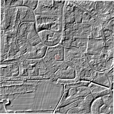 Shaded relief map of the ground around DE240NF, computed from Environment Agency LiDAR. The ground here sits at about 42 m above sea level and falls 5 m across the surrounding 800 m. Surface water reaching this point runs off ground lying to the south-south-west, 0.8 m higher.