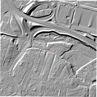 Shaded relief map of the ground around DE240NX, computed from Environment Agency LiDAR. The ground here sits at about 42 m above sea level and falls 12 m across the surrounding 800 m. Surface water reaching this point runs off ground lying to the south, 3.6 m higher.