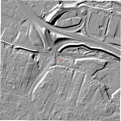 Shaded relief map of the ground around DE240NY, computed from Environment Agency LiDAR. The ground here sits at about 41 m above sea level and falls 12 m across the surrounding 800 m. Surface water reaching this point runs off ground lying to the south-west, 4.6 m higher.