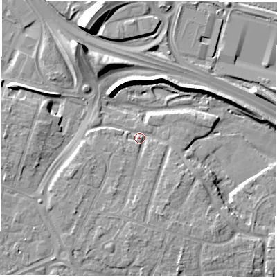 Shaded relief map of the ground around DE240NZ, computed from Environment Agency LiDAR. The ground here sits at about 42 m above sea level and falls 12 m across the surrounding 800 m. Surface water reaching this point runs off ground lying to the south-south-east, 3.7 m higher.