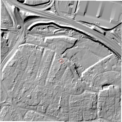 Shaded relief map of the ground around DE240PA, computed from Environment Agency LiDAR. The ground here sits at about 44 m above sea level and falls 12 m across the surrounding 800 m. Surface water reaching this point runs off ground lying to the south, 2.1 m higher.