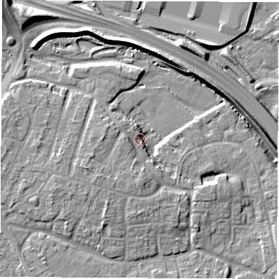 Shaded relief map of the ground around DE240PB, computed from Environment Agency LiDAR. The ground here sits at about 42 m above sea level and falls 10 m across the surrounding 800 m. Surface water reaching this point runs off ground lying to the south, 5.9 m higher.