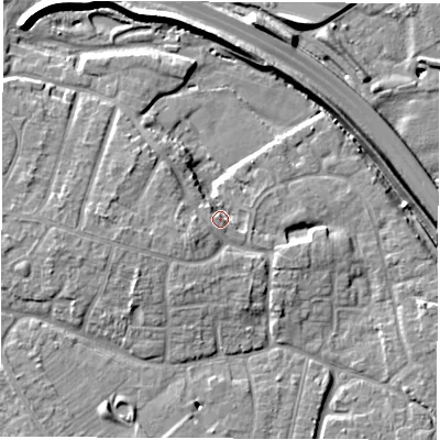 Shaded relief map of the ground around DE240PD, computed from Environment Agency LiDAR. The ground here sits at about 43 m above sea level and falls 10 m across the surrounding 800 m. Surface water reaching this point runs off ground lying to the south-south-west, 2.8 m higher.