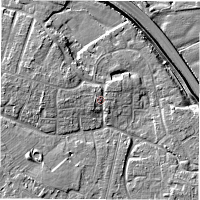 Shaded relief map of the ground around DE240PR, computed from Environment Agency LiDAR. The ground here sits at about 43 m above sea level and falls 9 m across the surrounding 800 m. Surface water reaching this point runs off ground lying to the west-north-west, 0.7 m higher.