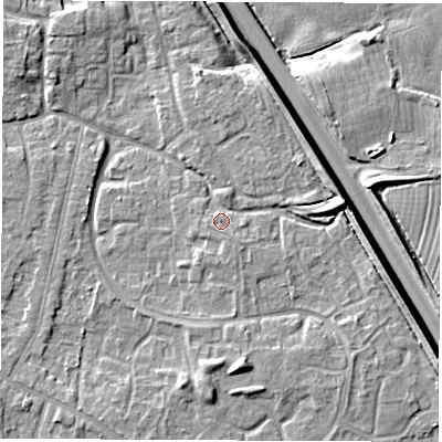 Shaded relief map of the ground around DE240PS, computed from Environment Agency LiDAR. The ground here sits at about 42 m above sea level and falls 8 m across the surrounding 800 m. Surface water reaching this point runs off ground lying to the east-south-east, 5.7 m higher.