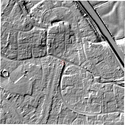 Shaded relief map of the ground around DE240PT, computed from Environment Agency LiDAR. The ground here sits at about 41 m above sea level and falls 7 m across the surrounding 800 m. Surface water reaching this point runs off ground lying to the south-east, 2.9 m higher.