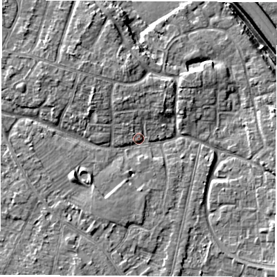 Shaded relief map of the ground around DE240PU, computed from Environment Agency LiDAR. The ground here sits at about 42 m above sea level and falls 7 m across the surrounding 800 m. Surface water reaching this point runs off ground lying to the north-west, 3.8 m higher.