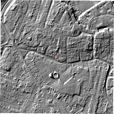 Shaded relief map of the ground around DE240PW, computed from Environment Agency LiDAR. The ground here sits at about 43 m above sea level and falls 6 m across the surrounding 800 m. Surface water reaching this point runs off ground lying to the north-west, 3.6 m higher.