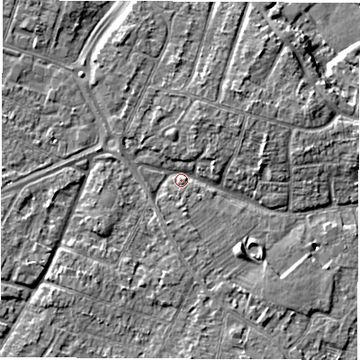 Shaded relief map of the ground around DE240PX, computed from Environment Agency LiDAR. The ground here sits at about 43 m above sea level and falls 6 m across the surrounding 800 m. Surface water reaching this point runs off ground lying to the west-south-west, 3.3 m higher.