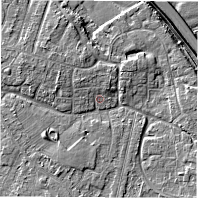 Shaded relief map of the ground around DE240PY, computed from Environment Agency LiDAR. The ground here sits at about 42 m above sea level and falls 7 m across the surrounding 800 m. Surface water reaching this point runs off ground lying to the north-north-west, 2.0 m higher.