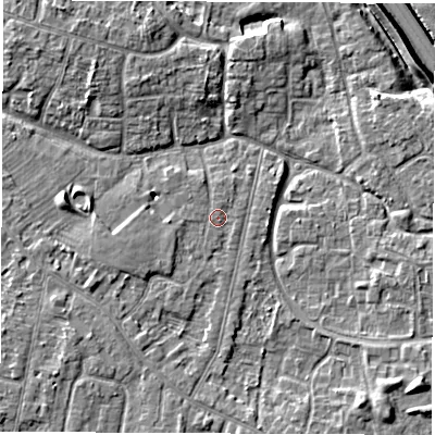 Shaded relief map of the ground around DE240PZ, computed from Environment Agency LiDAR. The ground here sits at about 42 m above sea level and falls 7 m across the surrounding 800 m. Surface water reaching this point runs off ground lying to the west-south-west, 2.3 m higher.