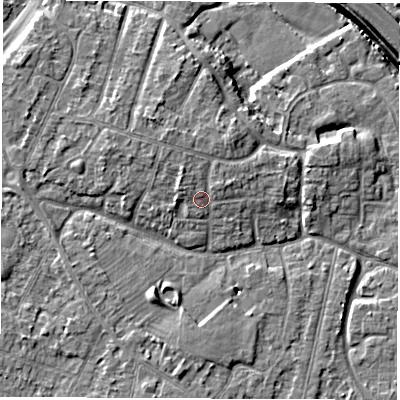 Shaded relief map of the ground around DE240QA, computed from Environment Agency LiDAR. The ground here sits at about 44 m above sea level and falls 7 m across the surrounding 800 m. Surface water reaching this point runs off ground lying to the north-north-west, 1.8 m higher.