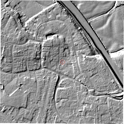 Shaded relief map of the ground around DE240QD, computed from Environment Agency LiDAR. The ground here sits at about 40 m above sea level and falls 8 m across the surrounding 800 m. Surface water reaching this point runs off ground lying to the west-north-west, 4.9 m higher.