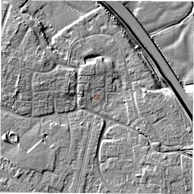 Shaded relief map of the ground around DE240QE, computed from Environment Agency LiDAR. The ground here sits at about 41 m above sea level and falls 8 m across the surrounding 800 m. Surface water reaching this point runs off ground lying to the west-north-west, 4.9 m higher.